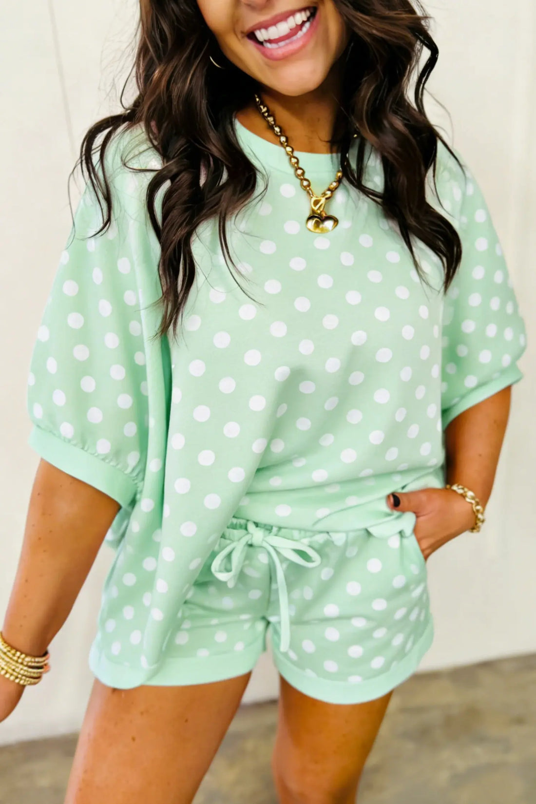 Polka Dot Oversized Top Drawstring Short Set – Green