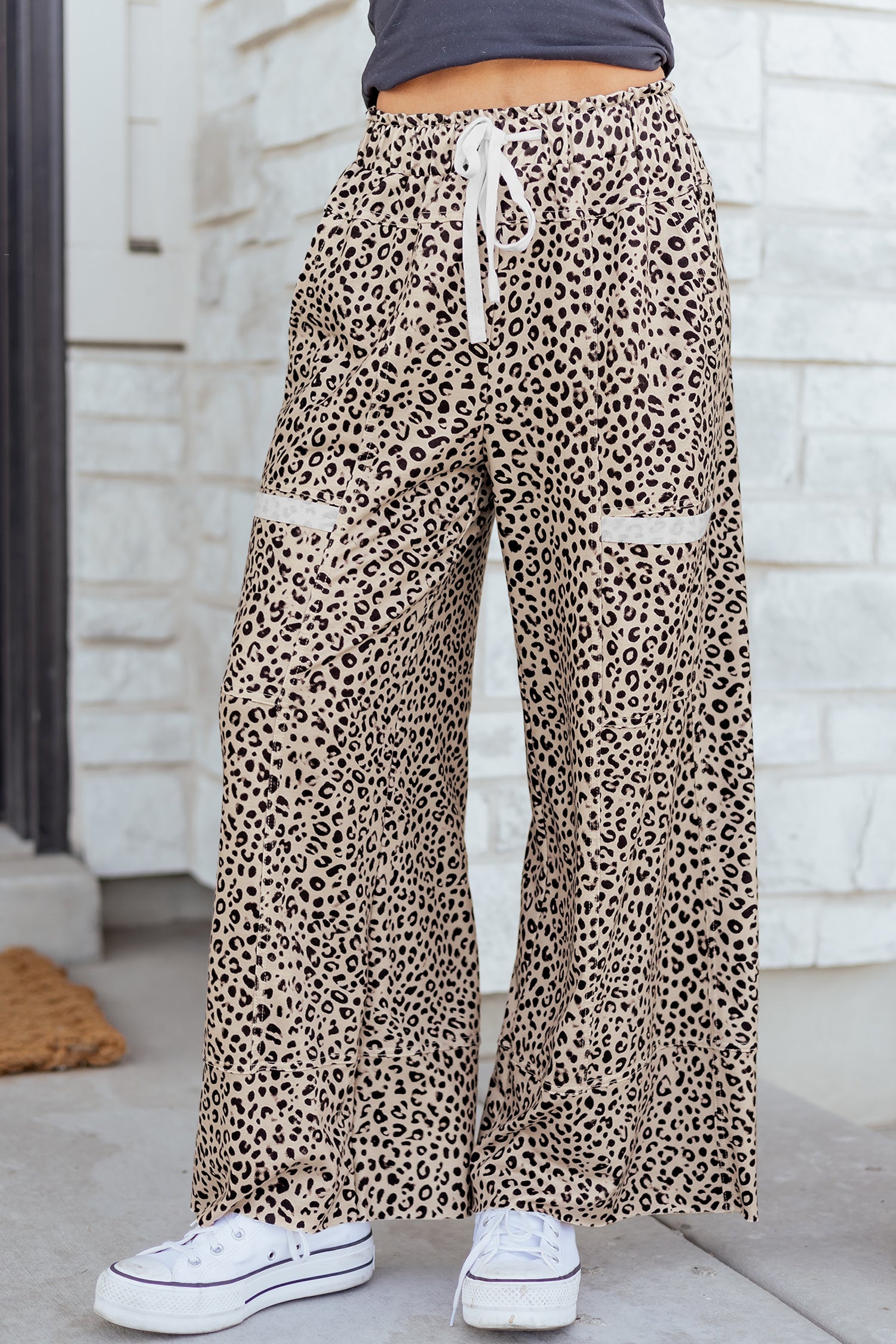 Animal Print Wide Leg Terry Knit Pants – Gray & Khaki