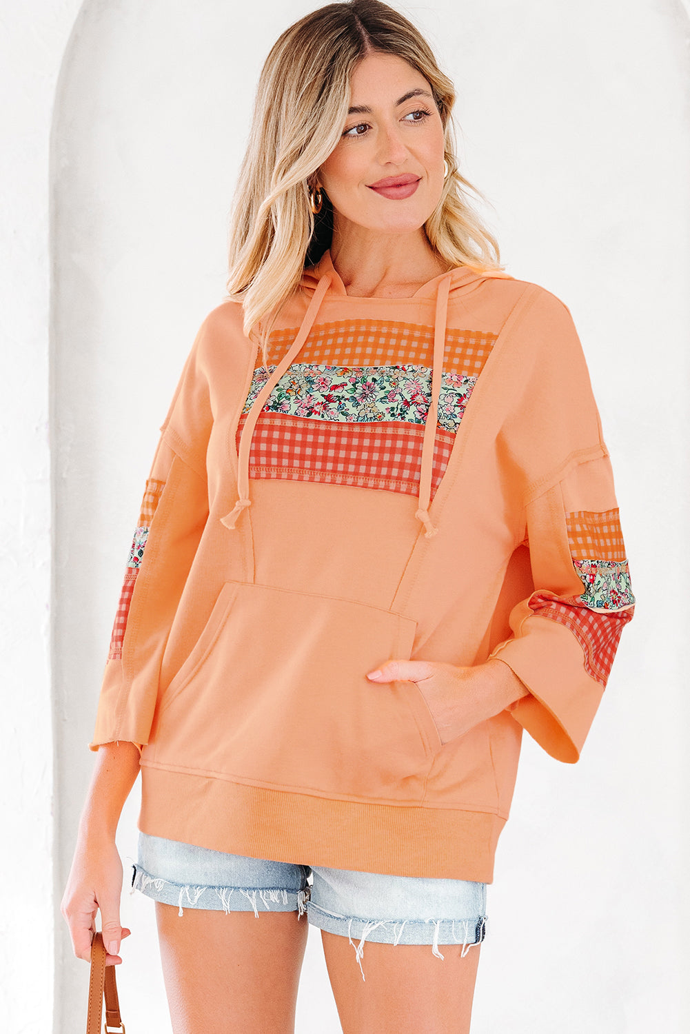 Plaid Floral Patchwork Kangaroo Pocket Hooded Long Sleeve Top - Tops/Long Tops