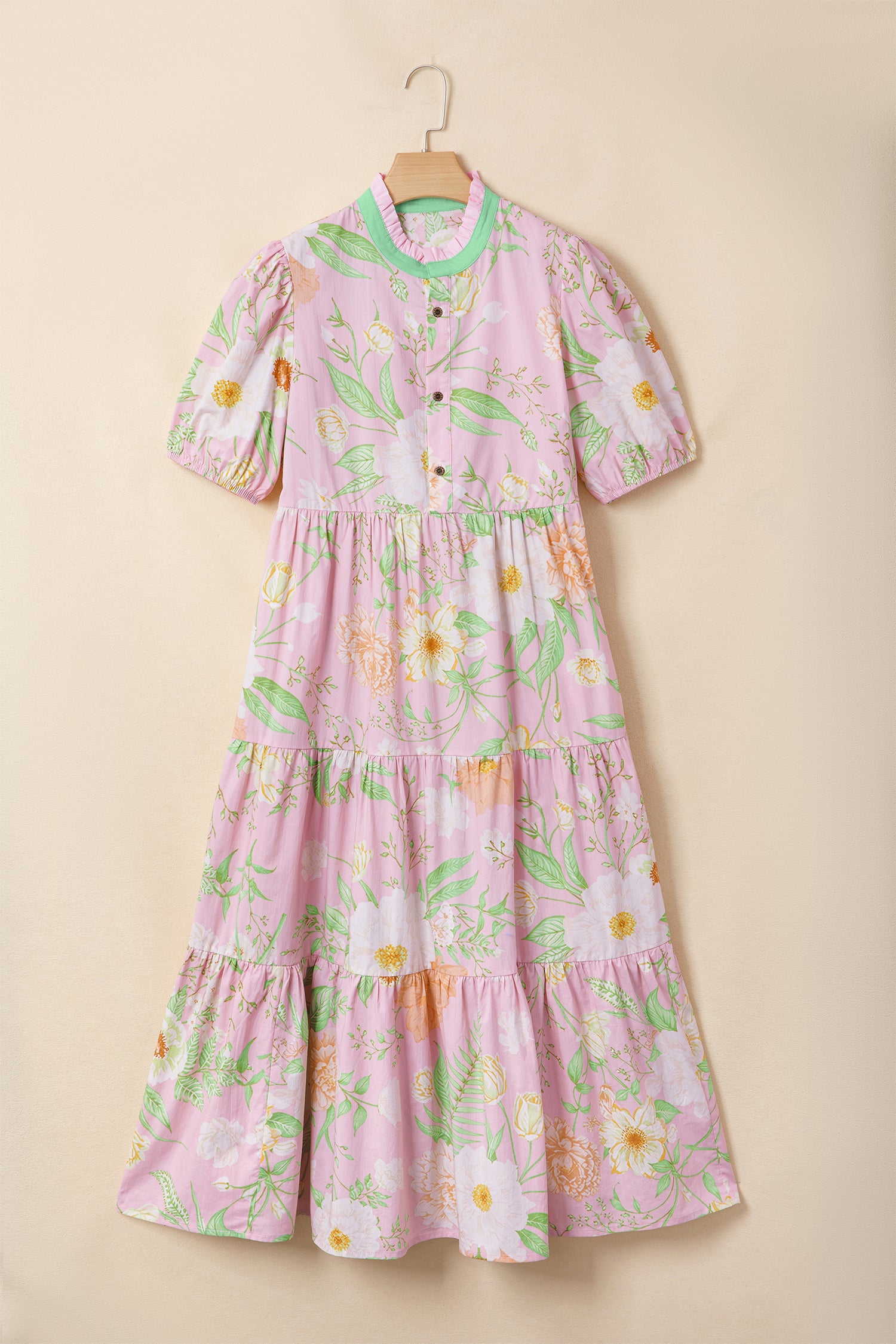 Floral Print Short Puff Sleeve High Waist Tiered Maxi Dress – Pink