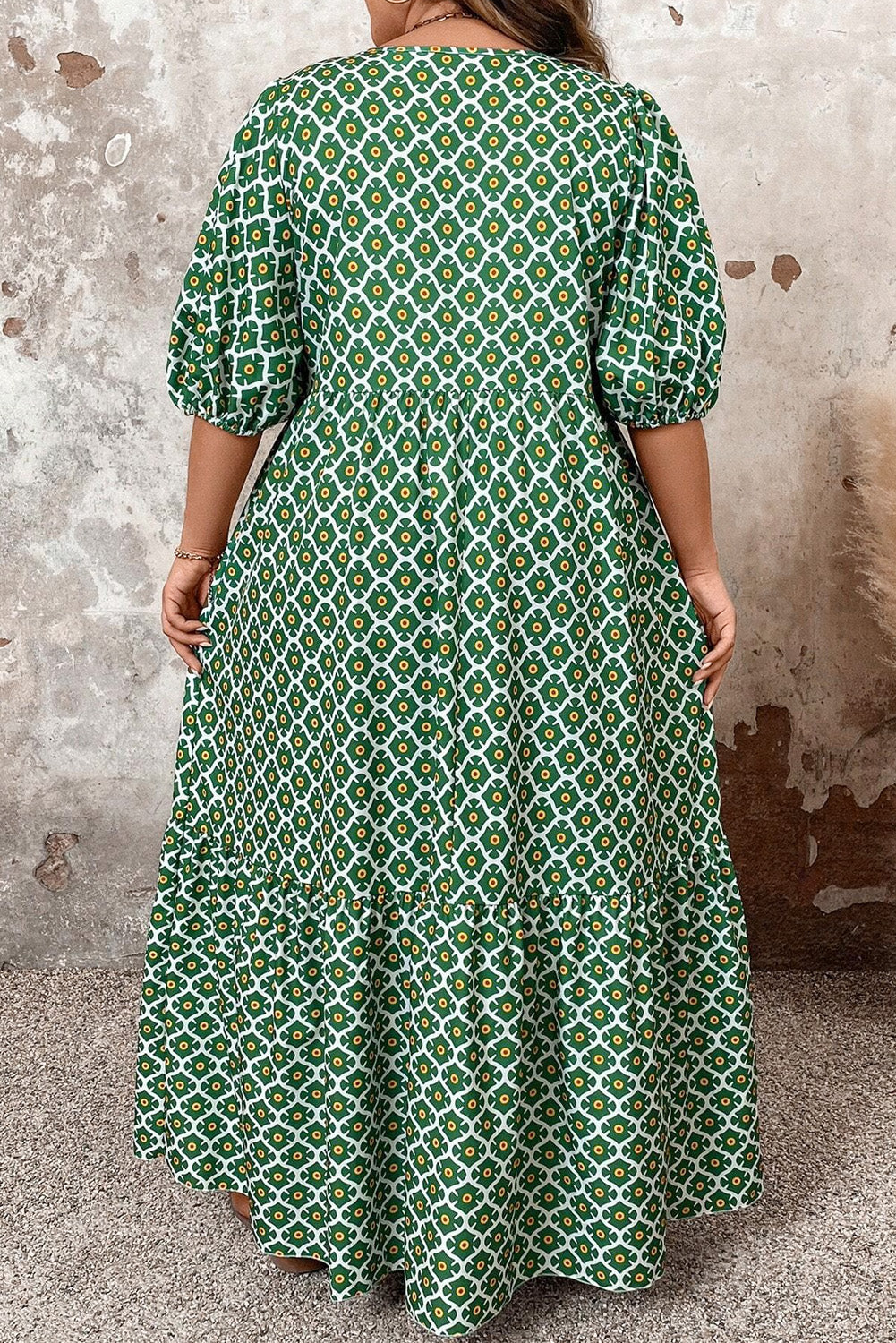 Green Geometric Floral Print Half Sleeve Plus Size Maxi Dress BB Fashion Outlet