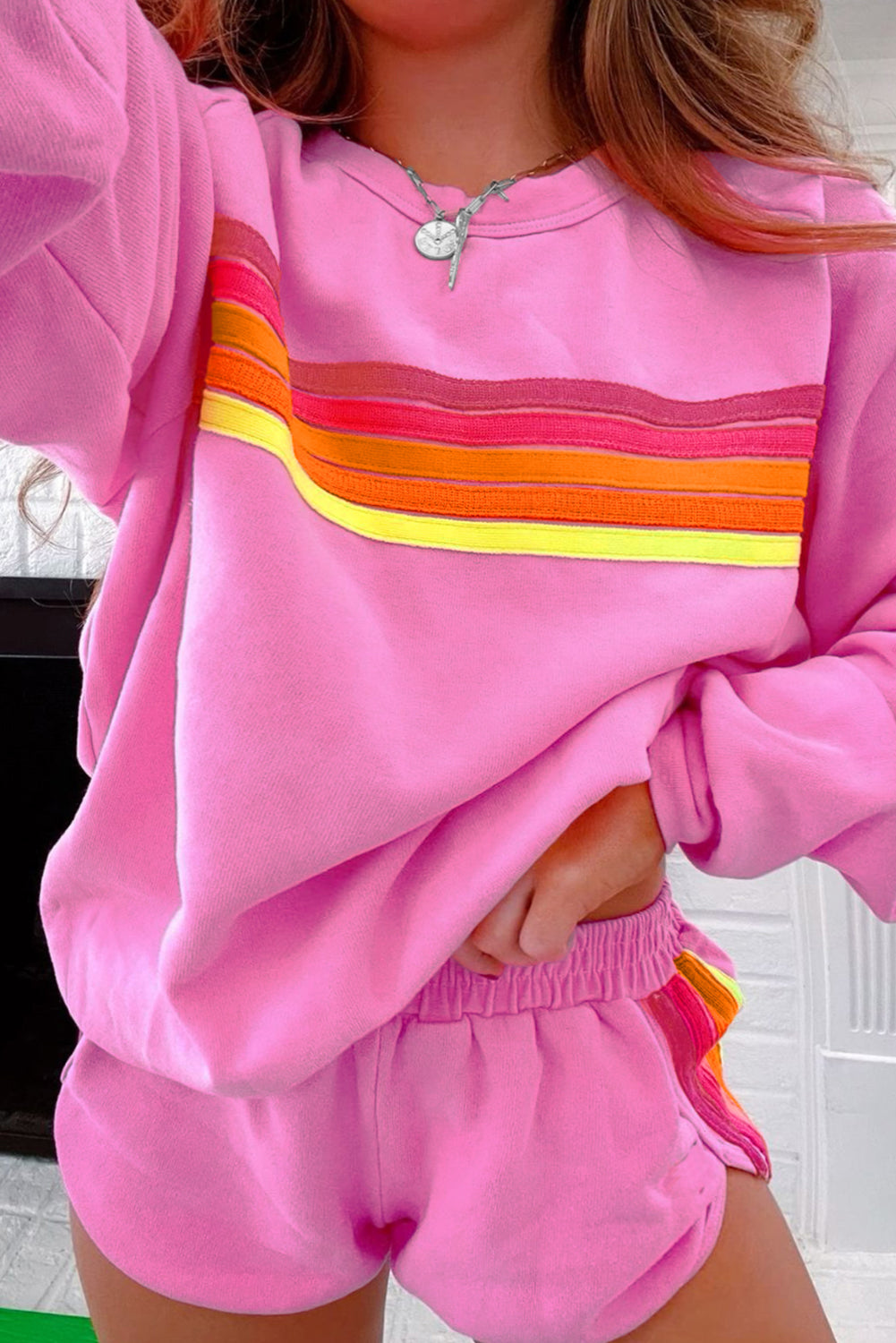 Bonbon Striped Accent Pullover and Shorts Two Piece Casual Set eAura