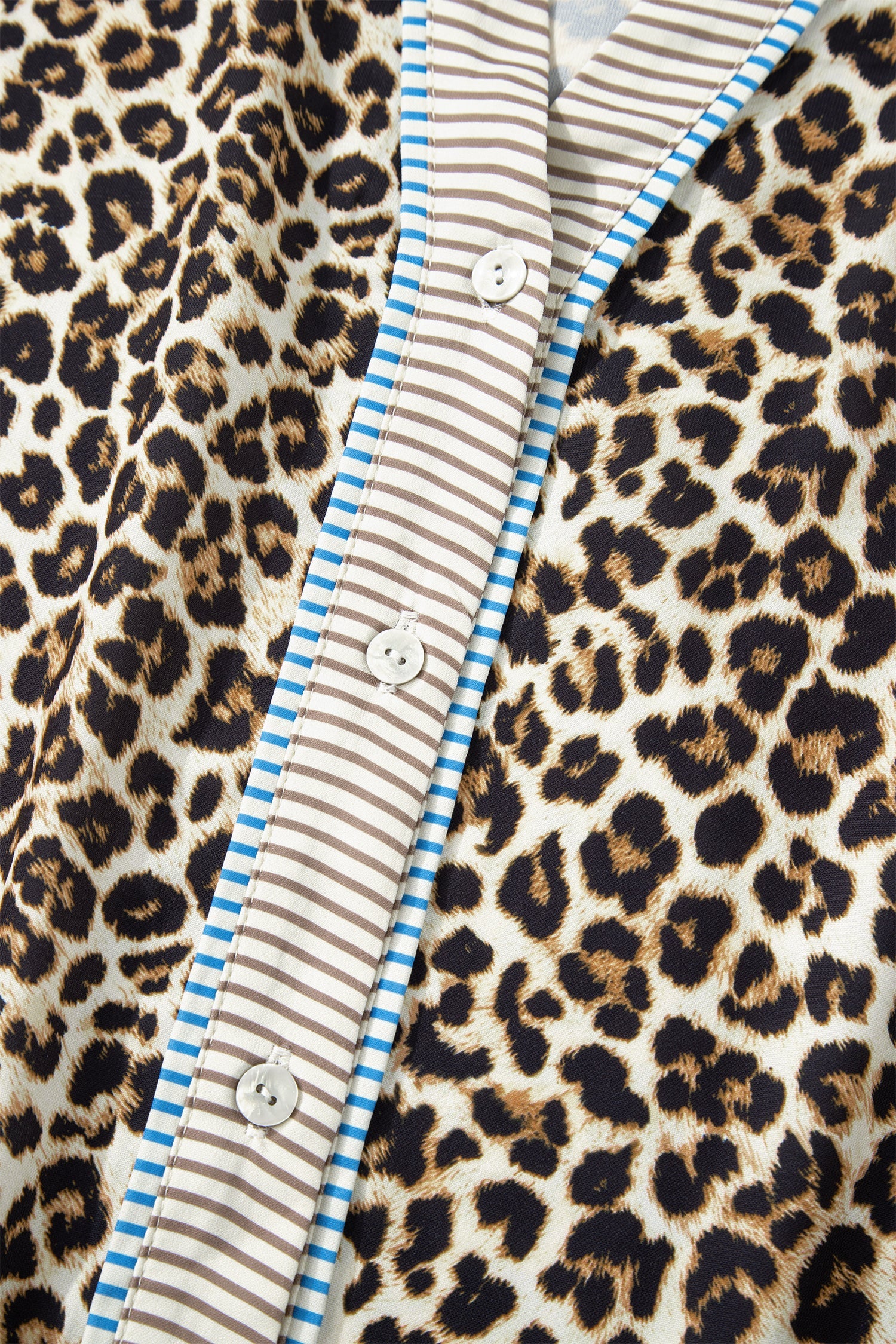 Plus Size Leopard Print Striped Trim V-Neck Drop Waist Long Sleeve Mini Dress - eAura