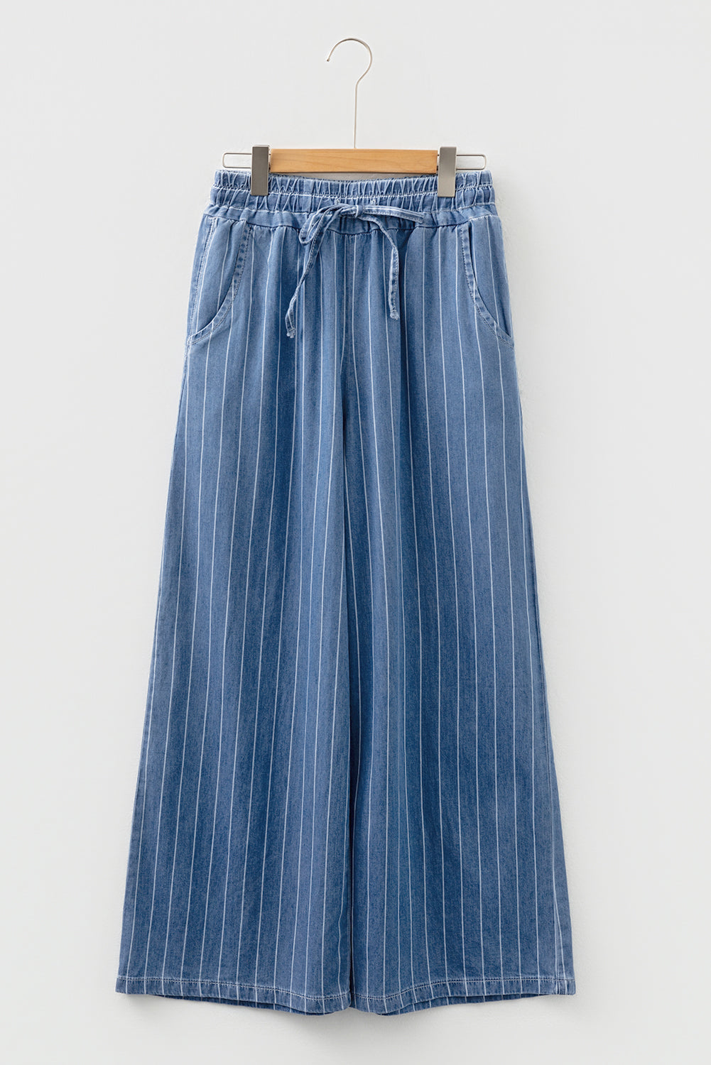 Stripe Chambray Wide Leg Tied Elastic Waist Trousers - eAura