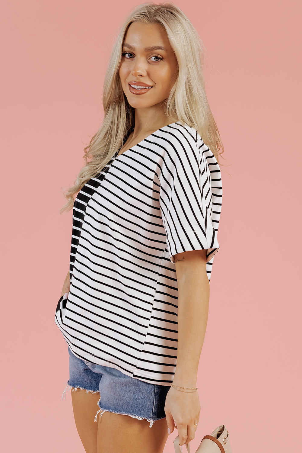 Black Stripe Two Tone Colorblock V Neck T Shirt BB Fashion Outlet