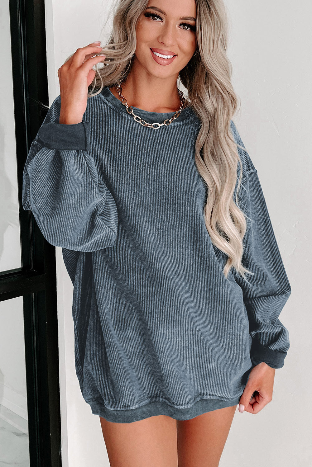 Green Solid Ribbed Knit Round Neck Pullover Sweatshirt eAura