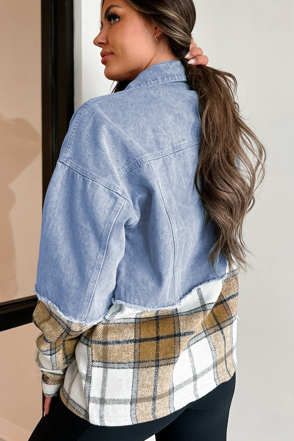Khaki Plaid Patchwork Buttoned Oversized Denim Jacket eAura
