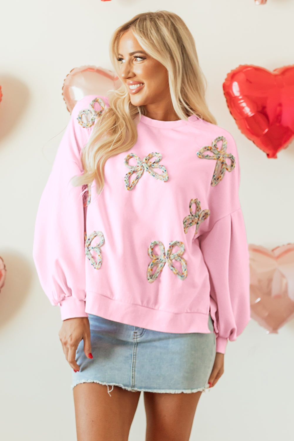 Light Pink Embroidered Bow Lantern Sleeve Oversized Pullover Sweatshirt eAura