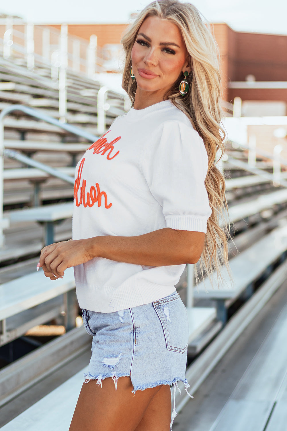 White Touchdown Tinsel Puff Short Sleeve Crew Neck Sweater eAura