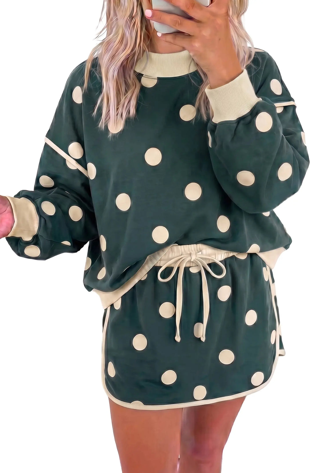 Polka Dot Print Colour Block Trim Baggy Pullover Drawstring Skirt 2pcs Set – Green