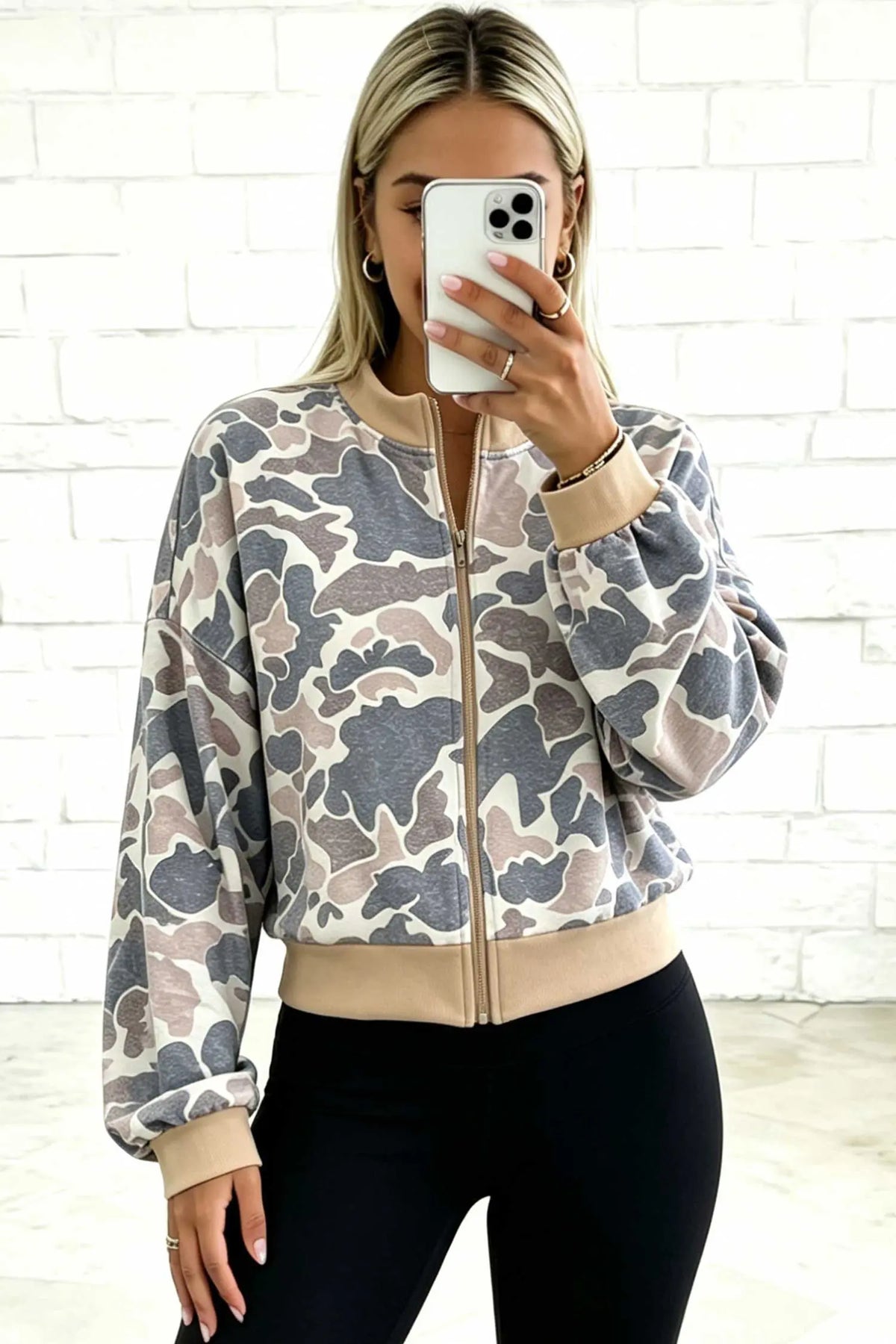 Camouflage Print Colour Block Trim Zip Bomber Sweatshirt – Multicolour