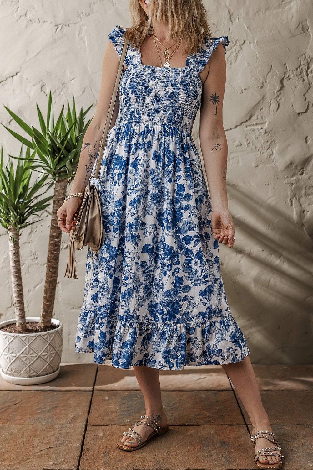 Blue Floral Ruffle Strap Square Neck Smocked Bodice Midi Dress eAura