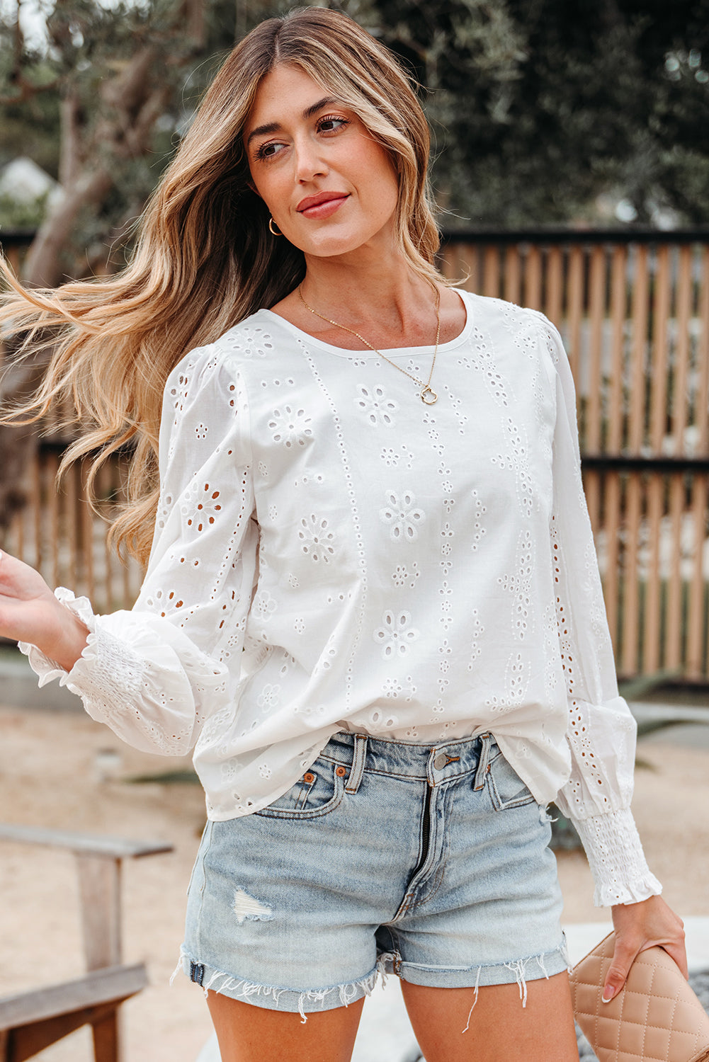 White Eyelet Embroidered Smocked Cuff Sheer Blouse eAura