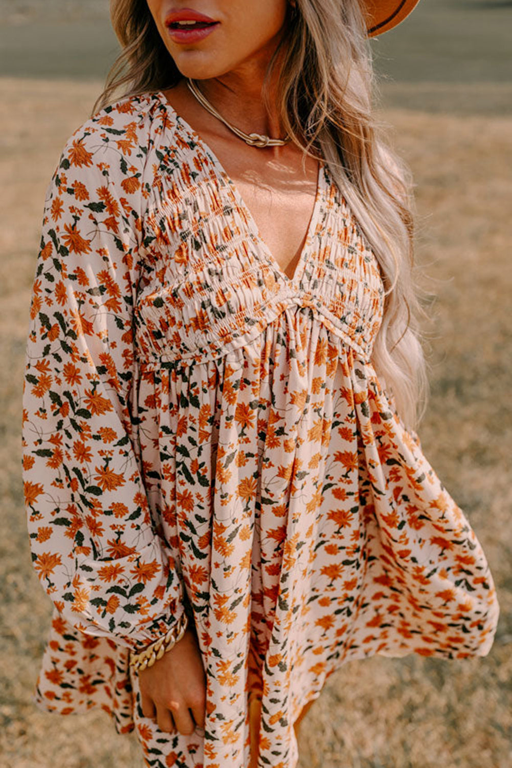 Beige Floral Deep V Neck Smocked Bust Bubble Sleeve Babydoll Dress eAura