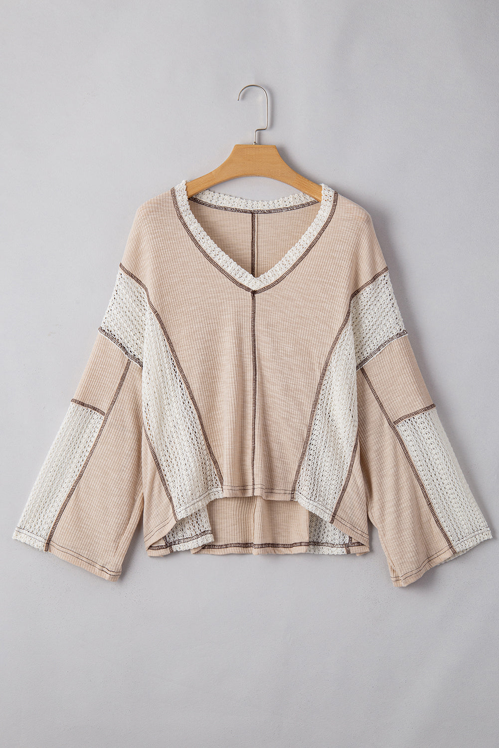 Crochet Detail Exposed Seam High Low Loose Top – Beige & Green