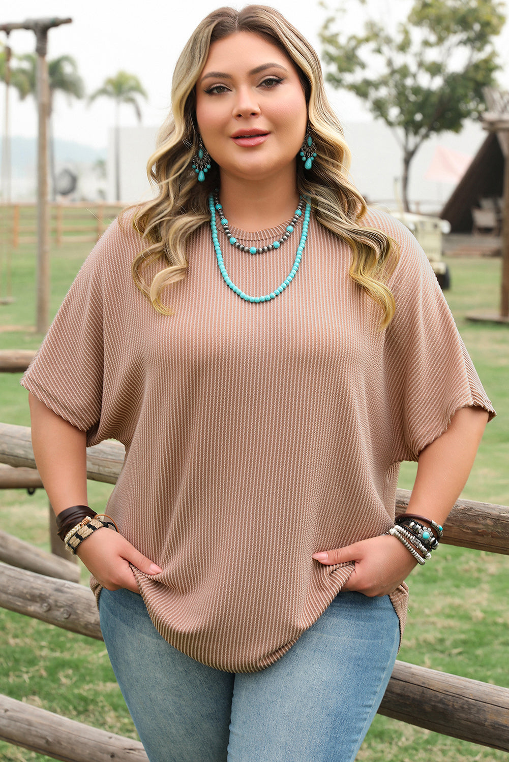 Smoke Grey Ribbed Striped Crew Neck Plus Size Knit T Shirt BB Fashion Outlet