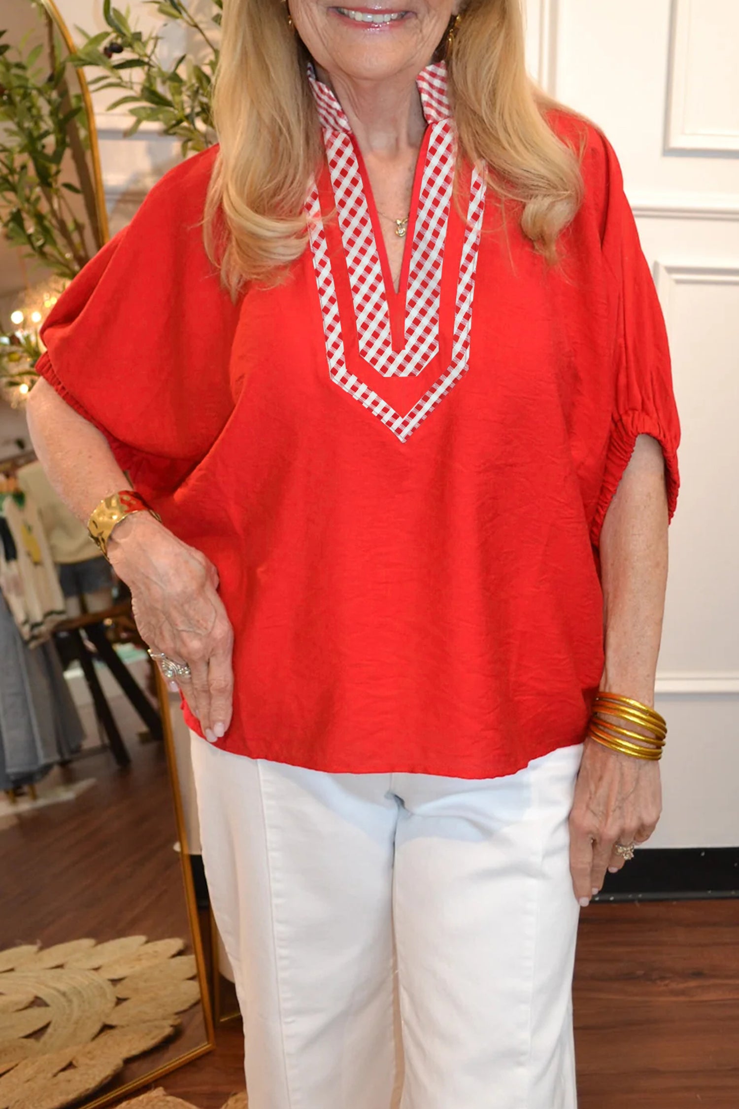 Red V Neck Plaid Collar Short Sleeve Tunic Blouse – Fiery Red