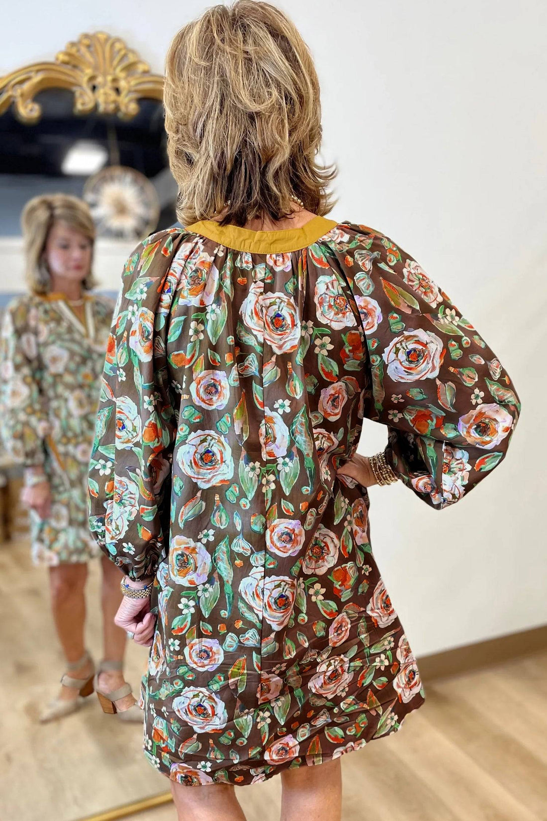 Brown Floral Print Contrast Trim V-Neck Pocketed Long Sleeve Mini Dress