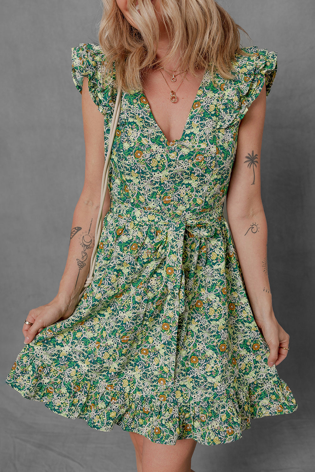 Green Flower Print Flutter Sleeve V Neck Sashed Ruffled Mini Dress eAura
