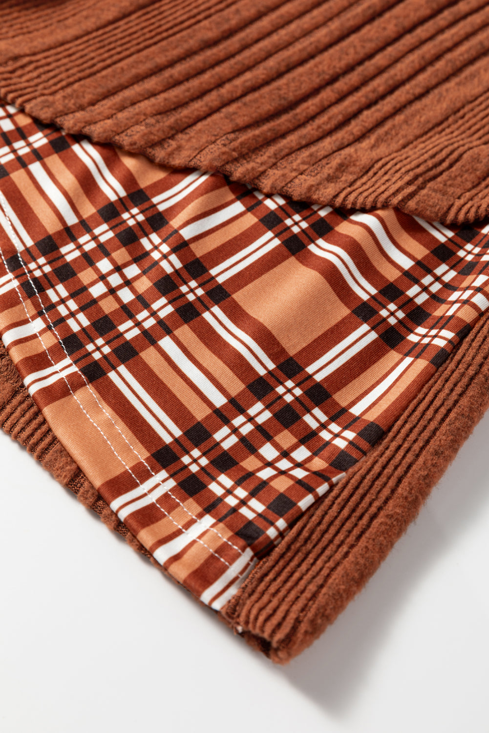 Plaid Patchwork Ribbed Drawstring Hooded Top - eAura