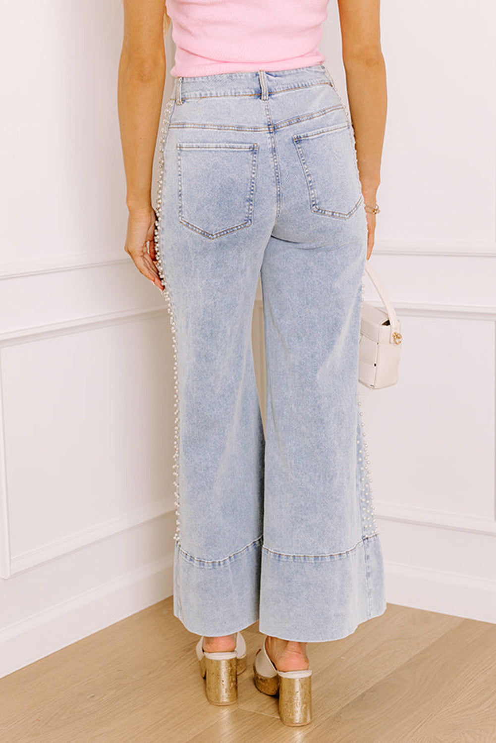 Mid Rise Pearl Embellished Split Wide Leg Jeans - eAura