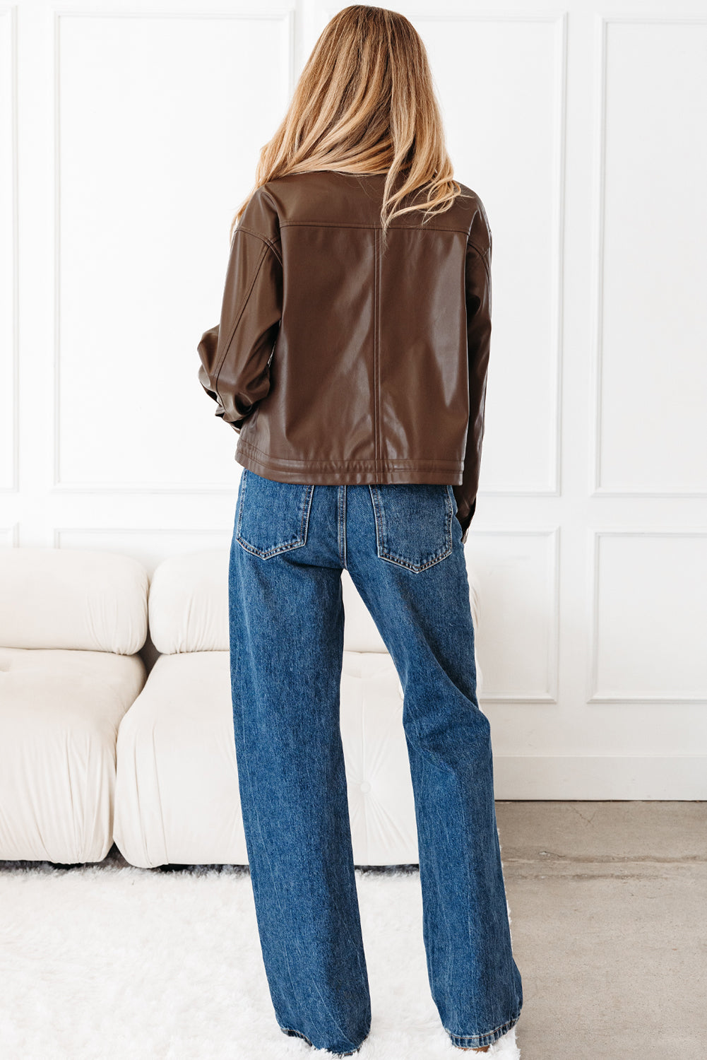 Brown Double Flap Pocket Drawstring Hem Leather Jacket - eAura