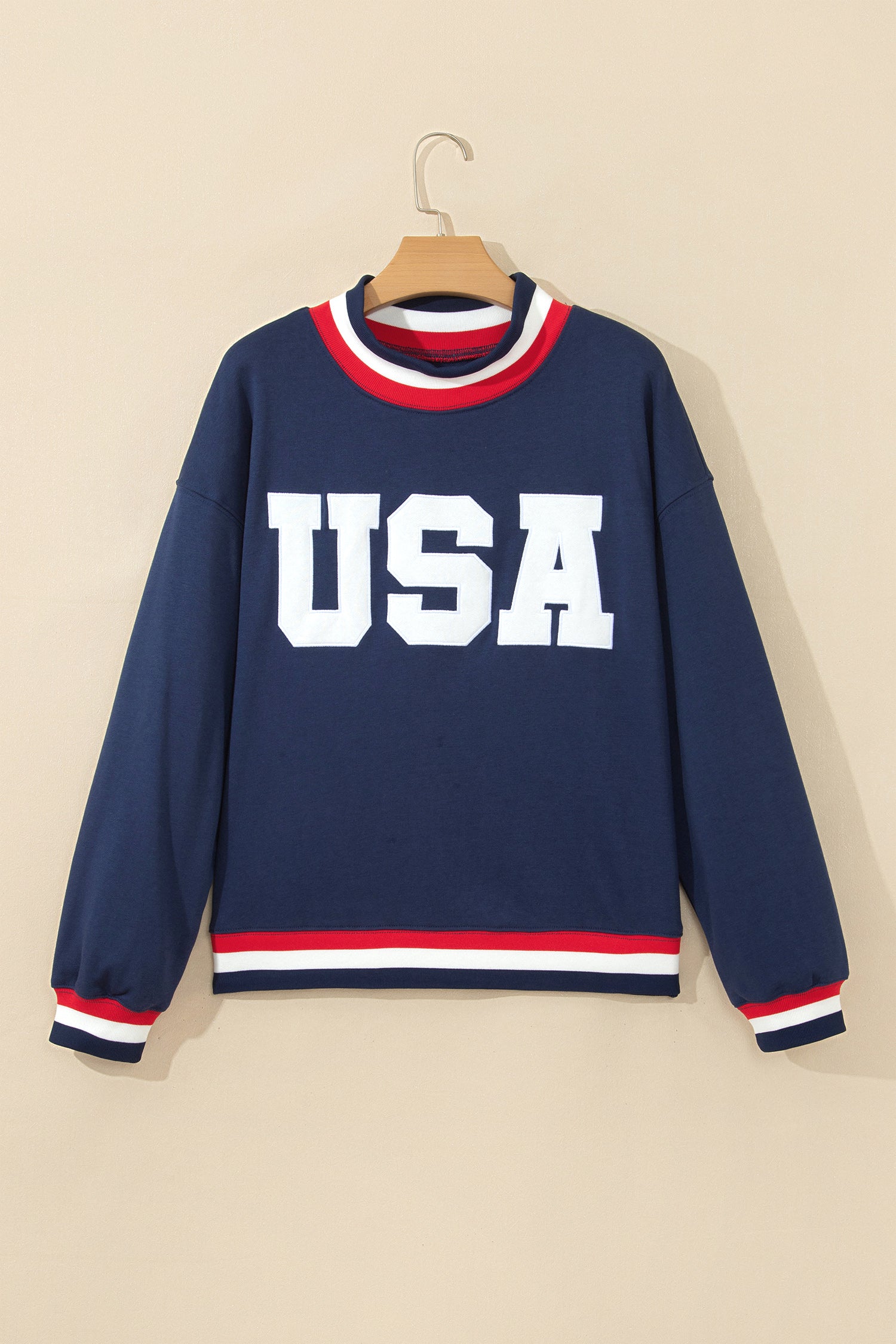 USA Slogan Patch Embroidery Colorblock High Neck Long Sleeve Sweatshirt – Dirty Blue