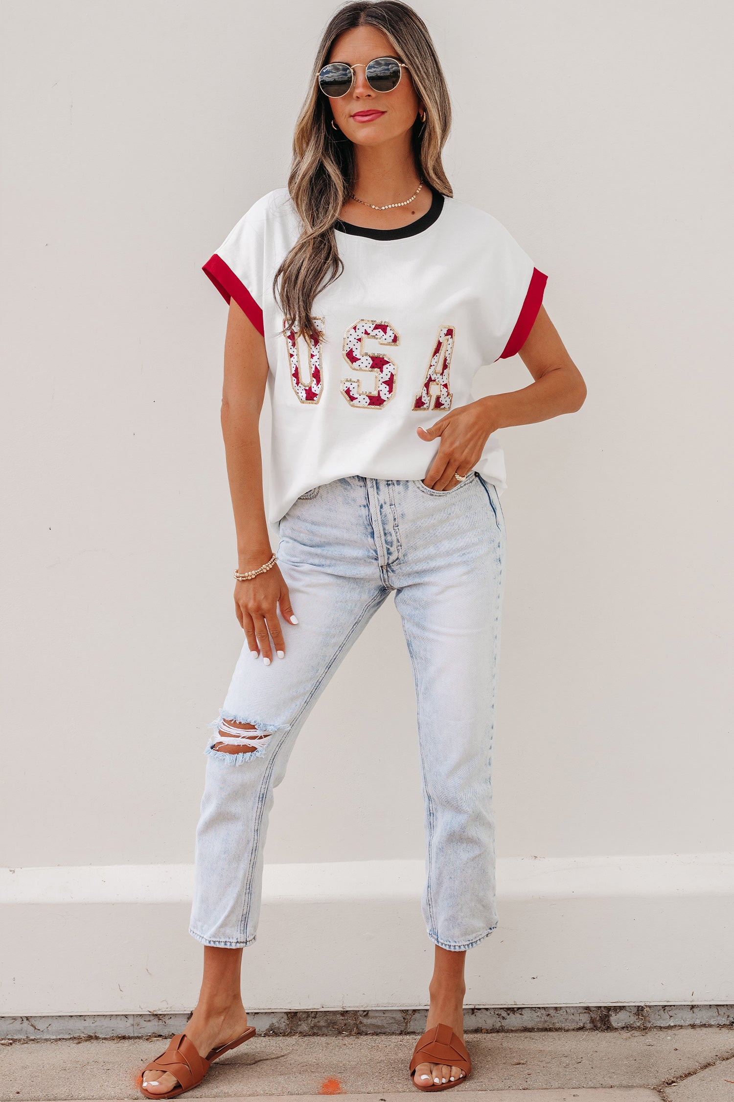 USA Sequin Colour Block Loose T-Shirt