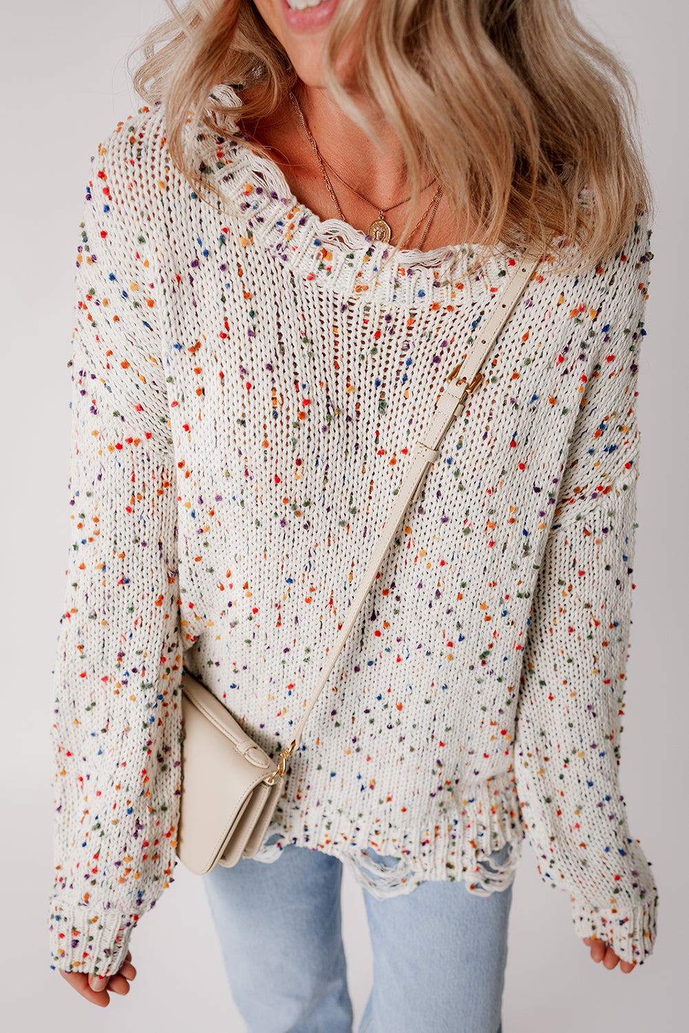 White Colourful Confetti Distressed Knit Sweater eAura