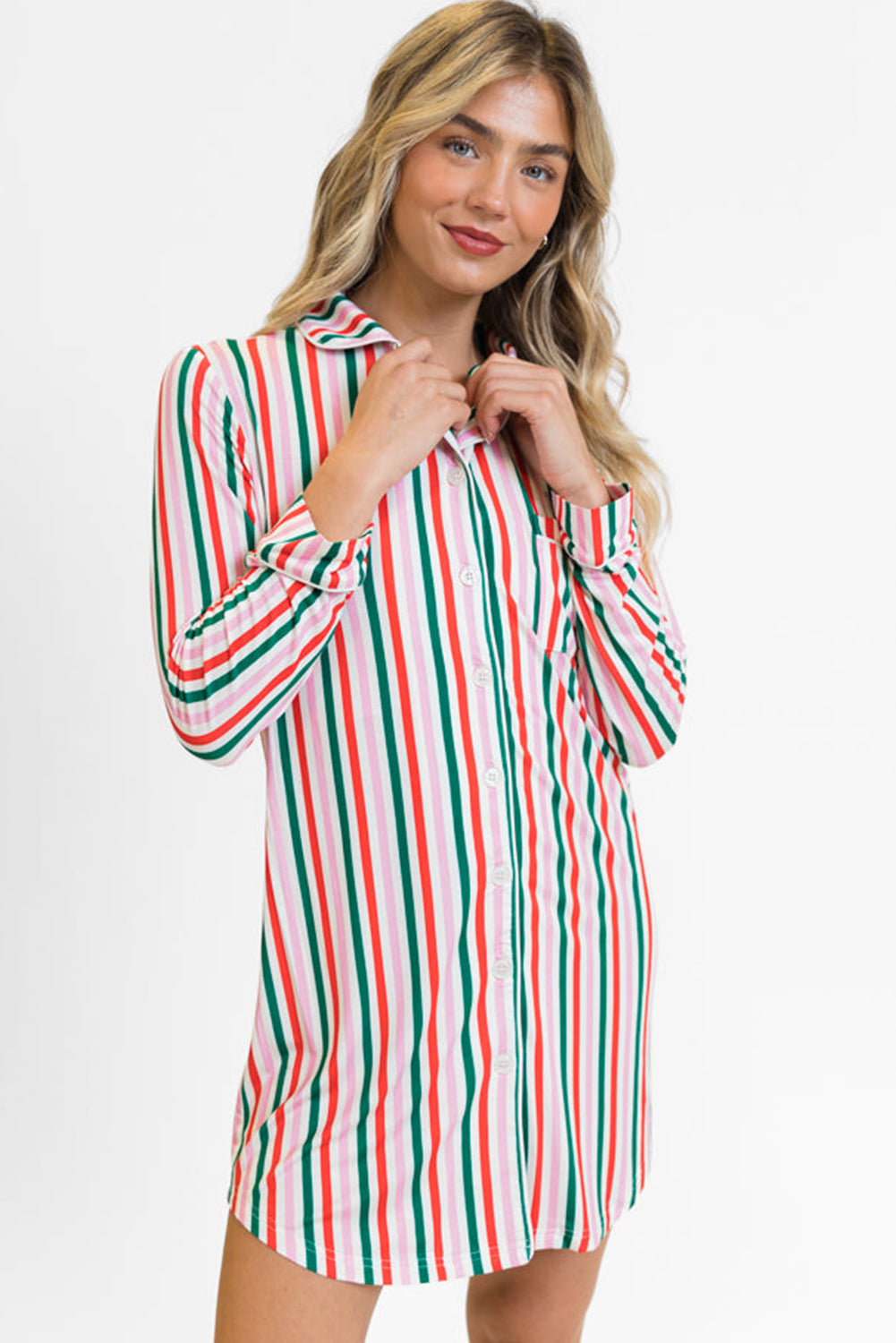 Pink Stripe Christmas Long Sleeve Shirt Style Nightdress eAura