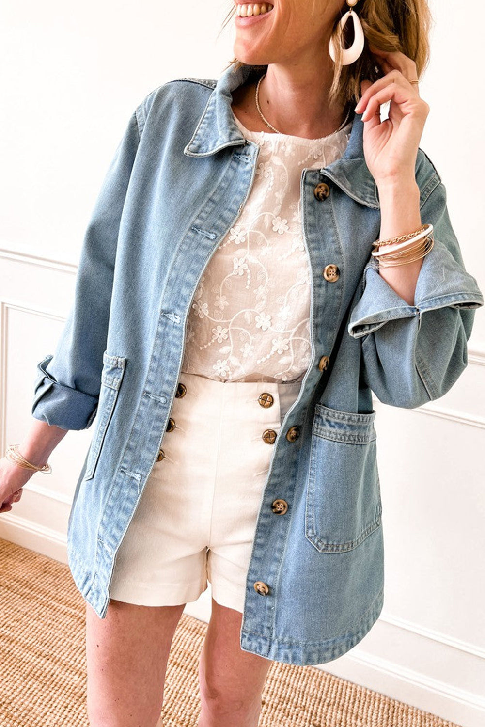 Dusk Blue Slit Buttons Pocketed Denim Jacket eAura