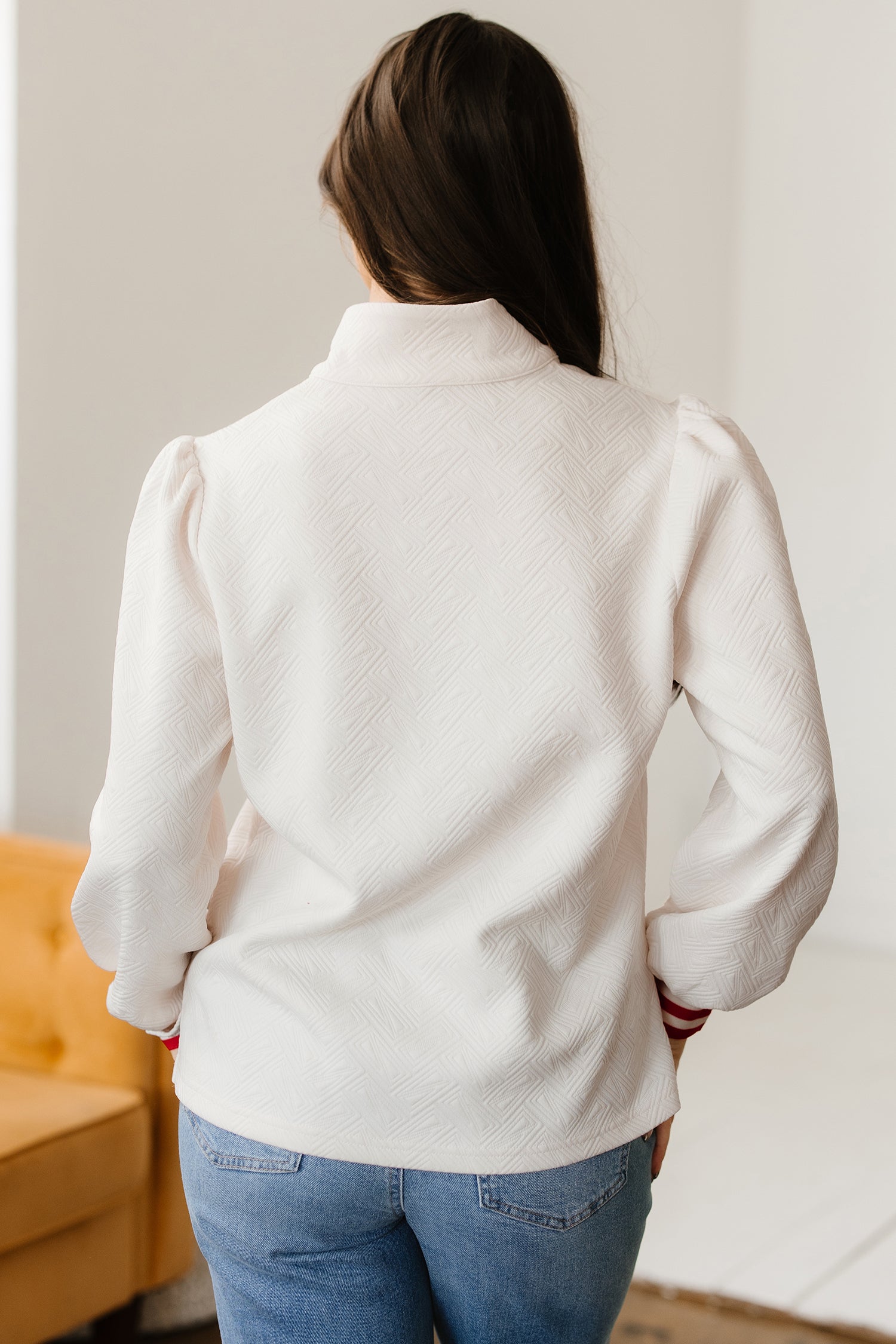 Textured Contrast Striped Accent Zip Collar Pullover Top - Tops/Long Sleeve Tops