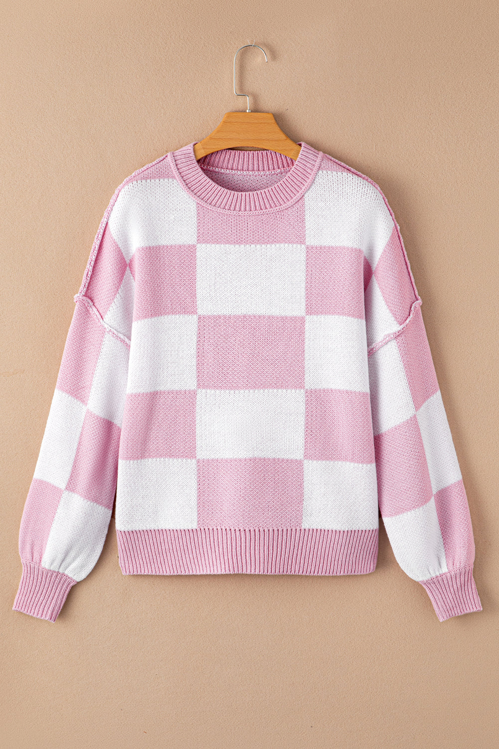 Checkered Bishop Sleeve Sweater – Rose, Pink, Green, Brown, Red & Black