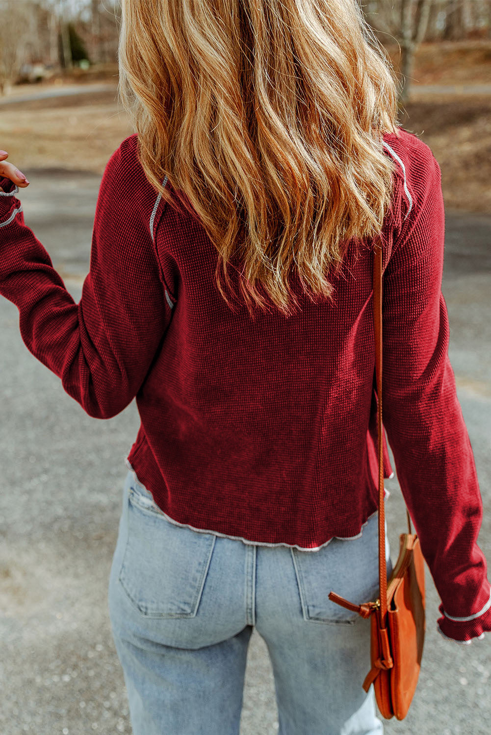 Fiery Red Textured Round Neck Long Sleeve Top eAura