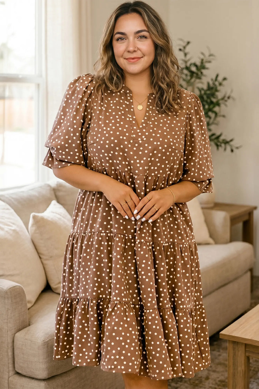 V Neck Polka Dot Long Sleeve Shift Plus Size Dress – Brown