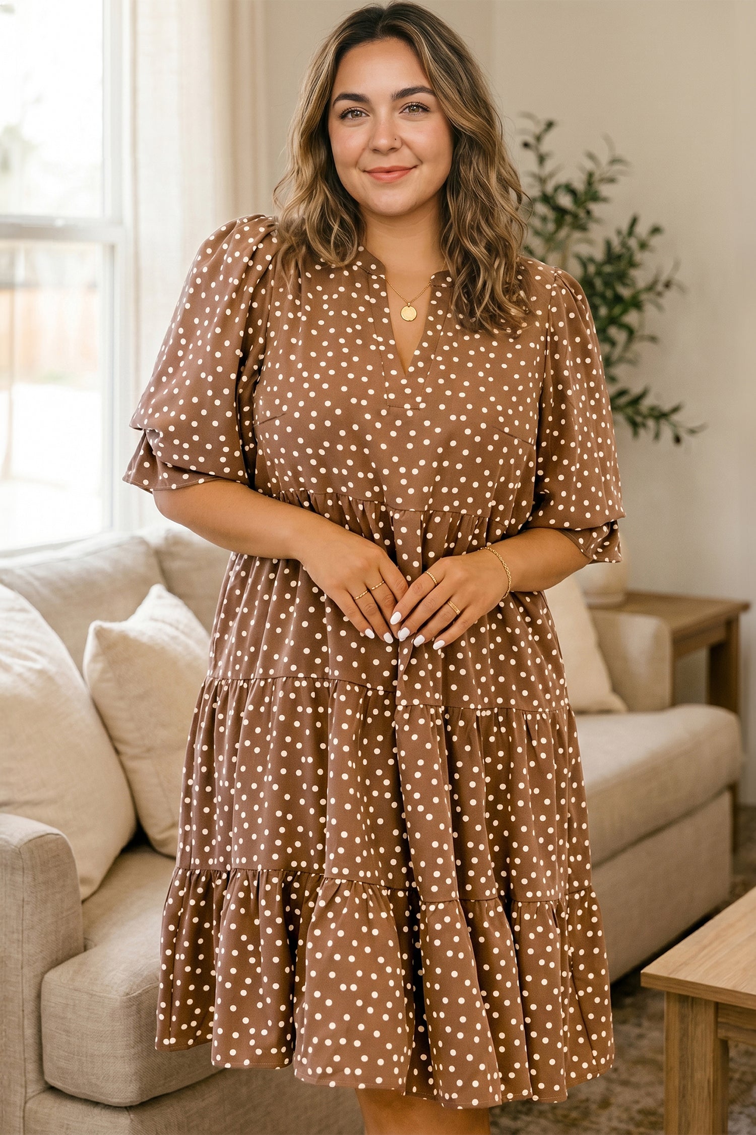 V Neck Polka Dot Long Sleeve Shift Plus Size Dress – Brown