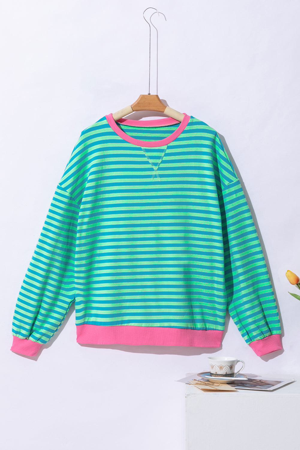 Sky Blue Stripe Oversized Contrast Trim Pullover Sweatshirt BB Fashion Outlet