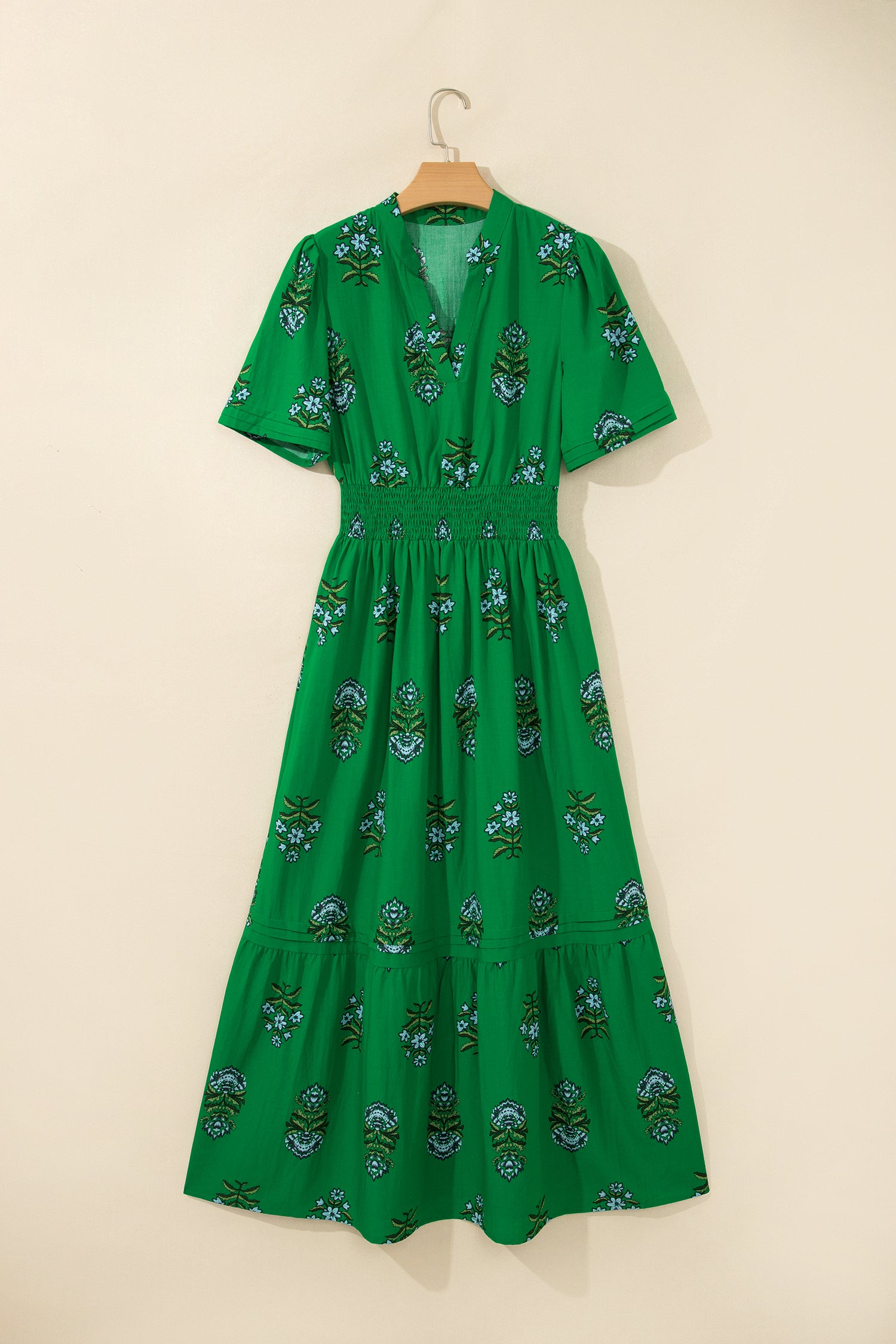Floral Print Split Neck Shirred Waist Ruffle Hem Maxi Dress