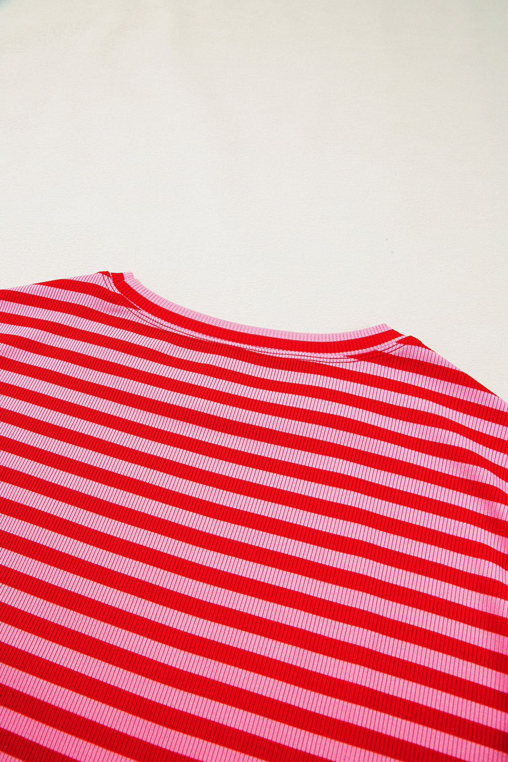 Red Stripe Ribbed Cap Sleeve Round Neck T Shirt - eAura