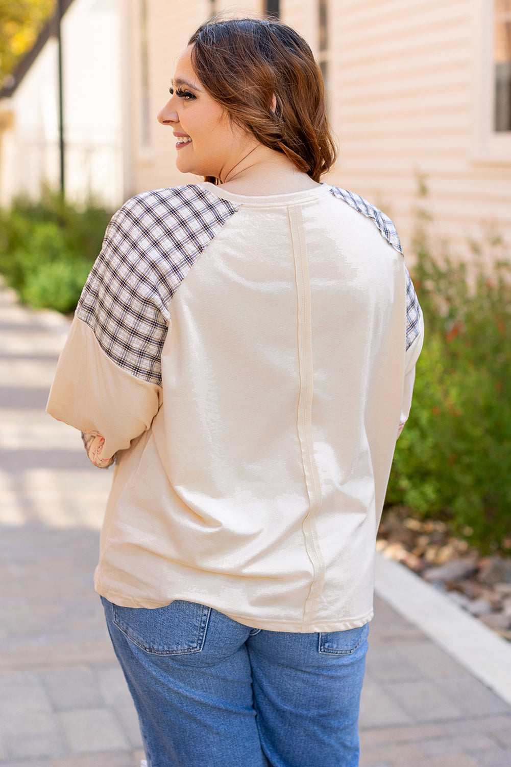 Clearly Aqua Plaid Floral Peace Heart Graphic Wide Long Sleeve Top Beagle Boutique Fashion Outlet
