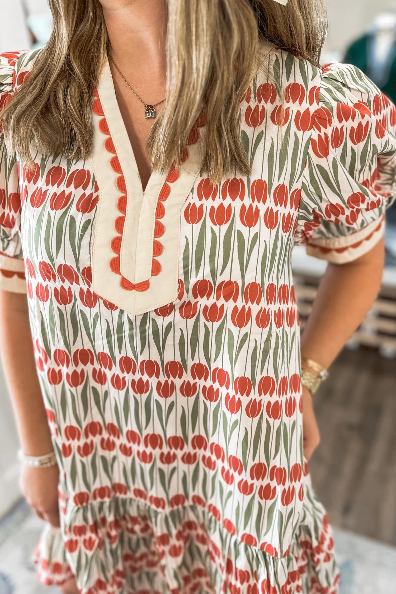 Tulip Floral Print Cotton Puff Short Sleeve Mini Dress