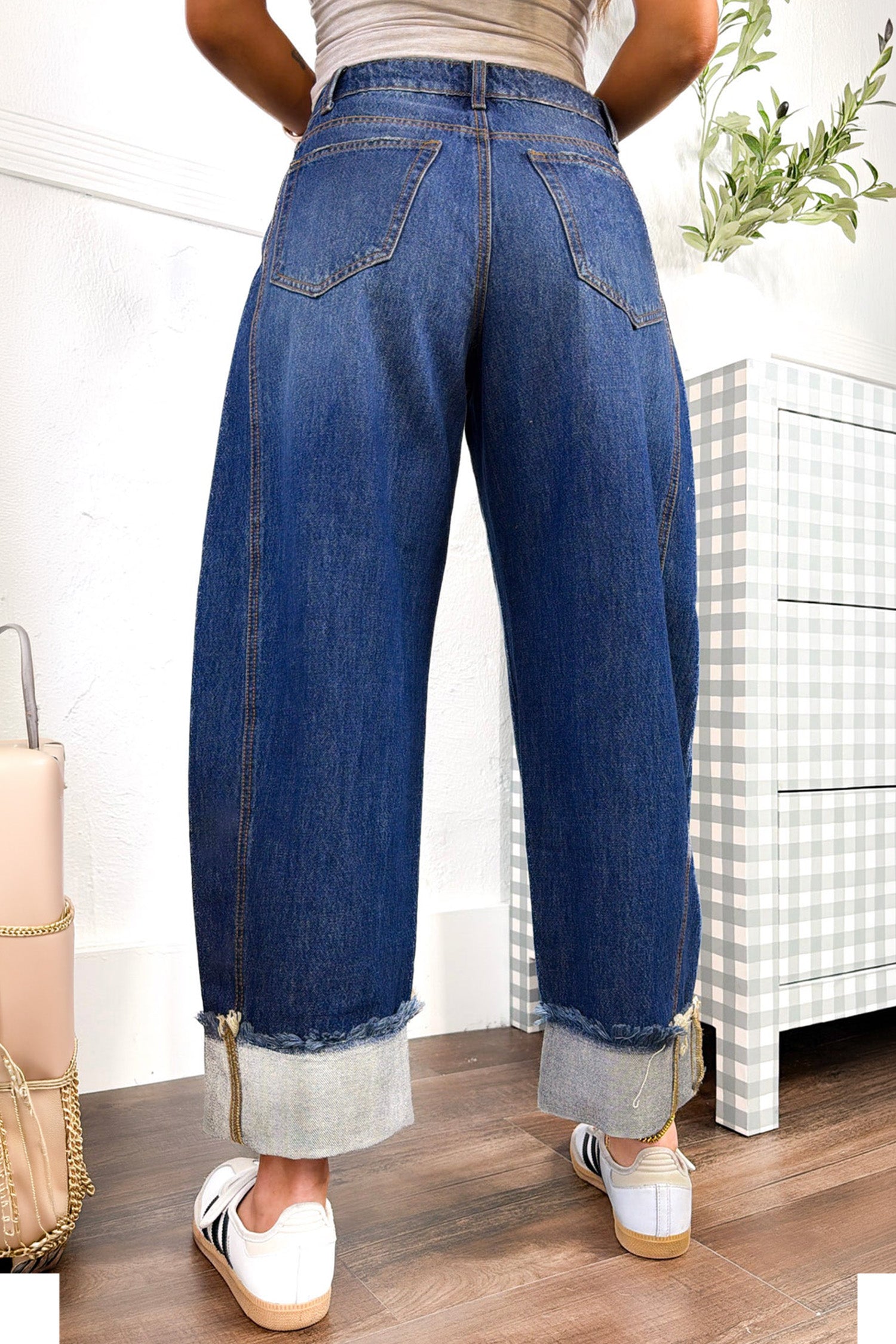 Raw Hem Turnup Loose Ankle-length Jeans – Sail Blue