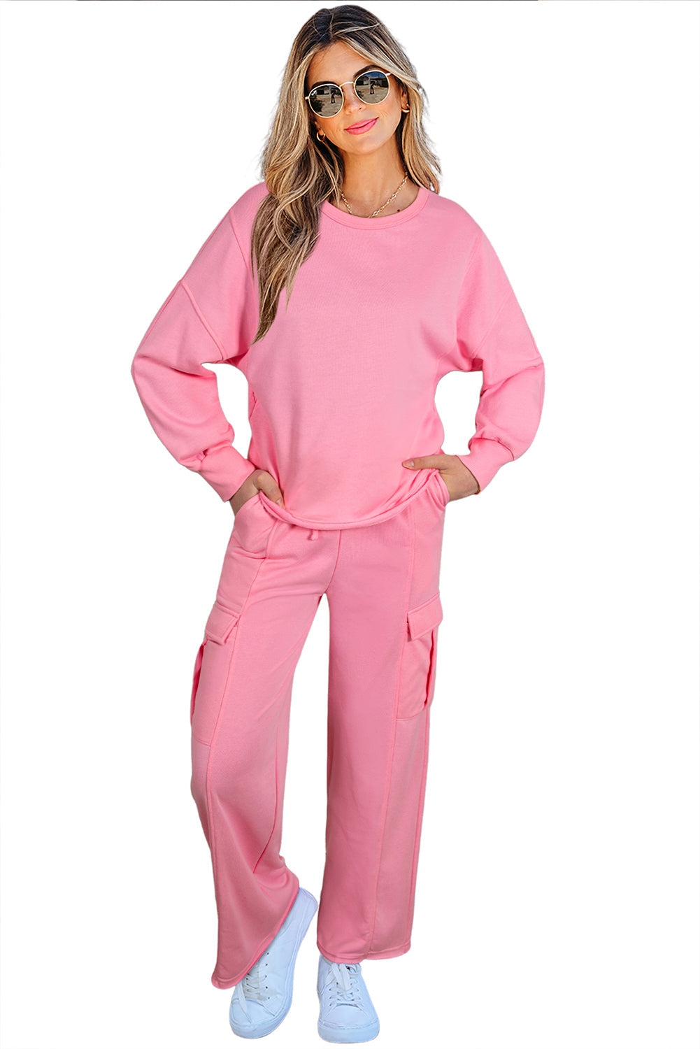 Sachet Pink Solid Colour Patchwork Pullover Top and Cargo Trousers Set eAura