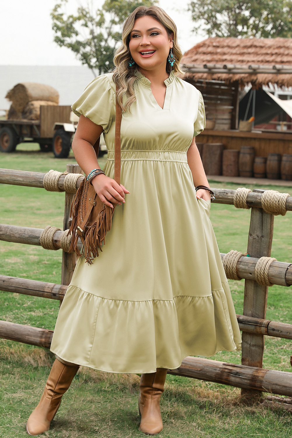 Laurel Green Notched V Neck Puff Sleeve Tiered Plus Size Maxi Dress BB Fashion Outlet