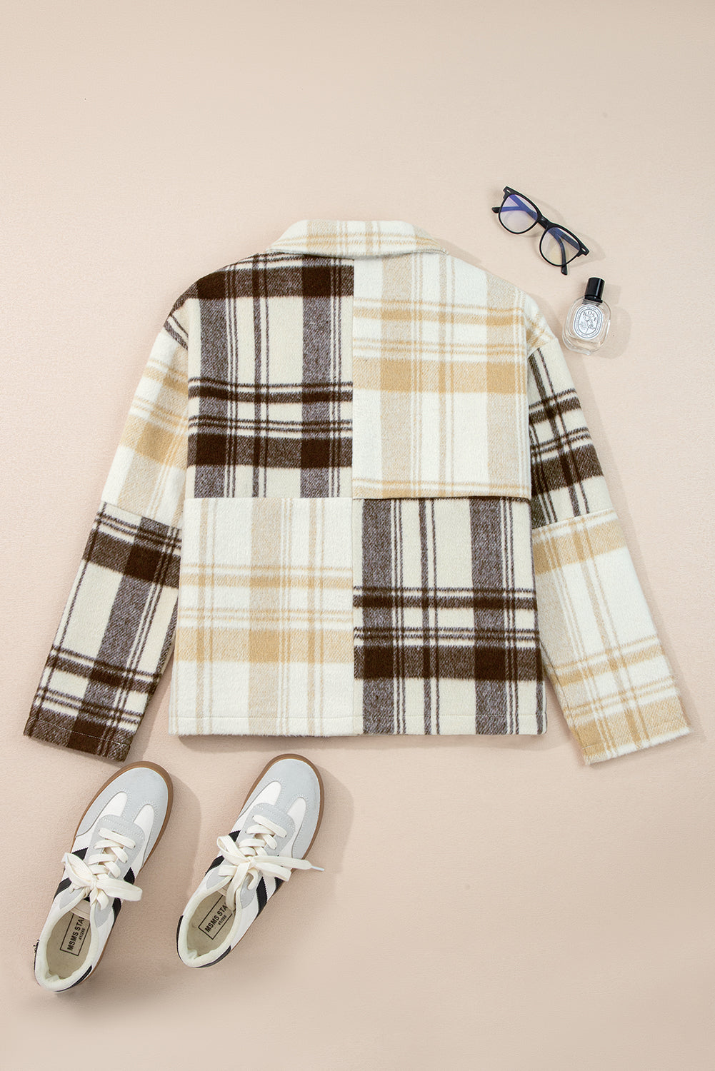 Multicolour Plaid Patchwork Side Pockets Buttoned Shacket - eAura