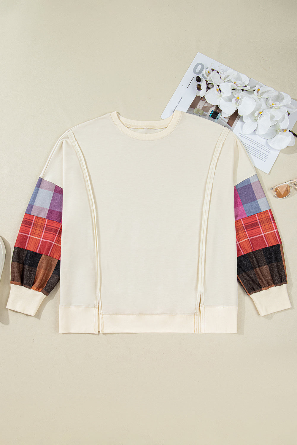 Beige Plus Size Patchwork Sleeve Pullover Top - eAura