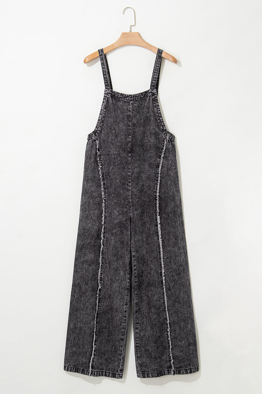 Dark Grey Light Wash Frayed Exposed Seam Wide Leg Denim Overall eAura