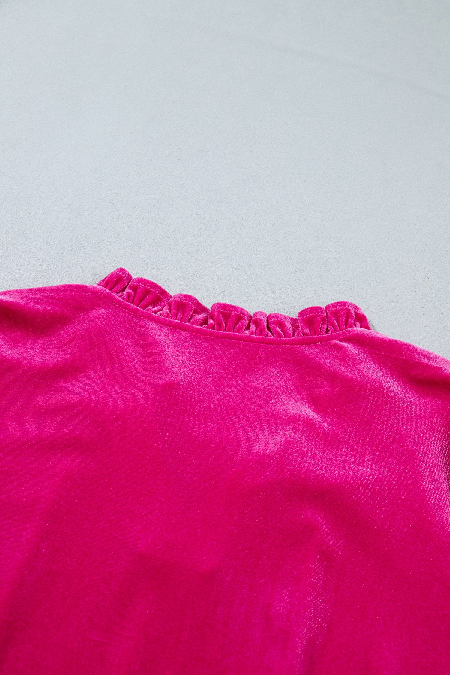V Neck Velvet Ruffled Cuffs Hem Long Sleeve Top – Strawberry Pink