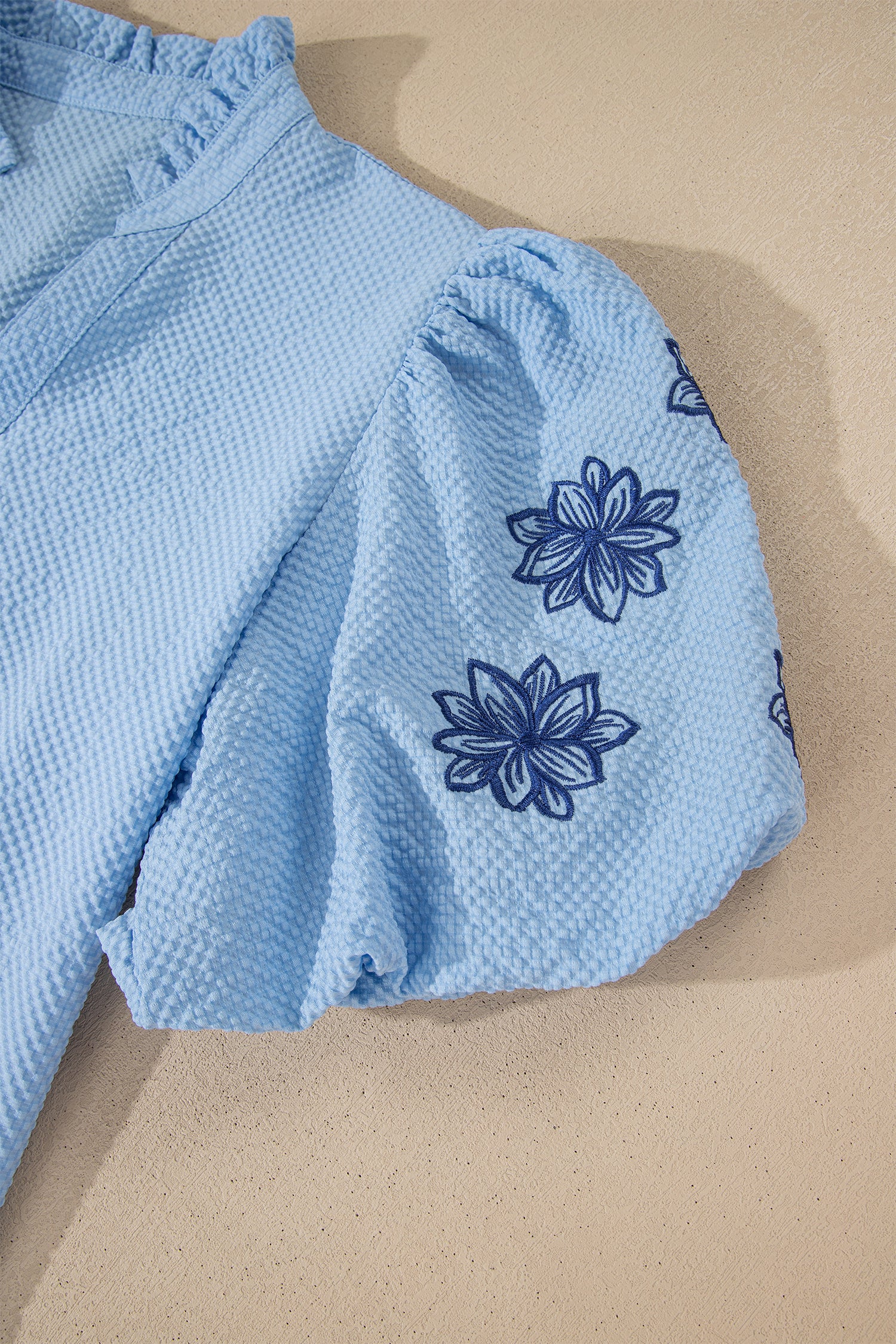 Floral Embroidered Puff Sleeve Split Neck Textured Blouse