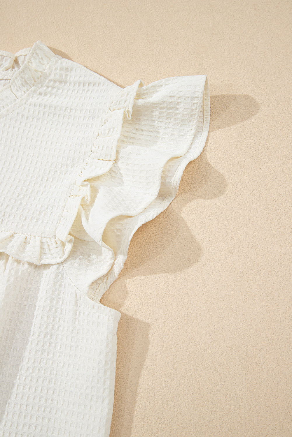 White Solid Colour Ruffle Trim Waffle Knit Blouse eAura